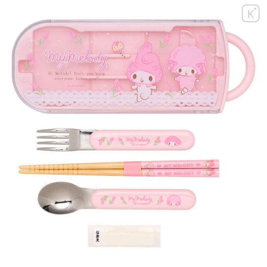 Japan Sanrio Original Bento Lunch Cutlery Set Spoon Fork Chopstick - My Melody & My Sweet Piano : Tulip Pink - 2