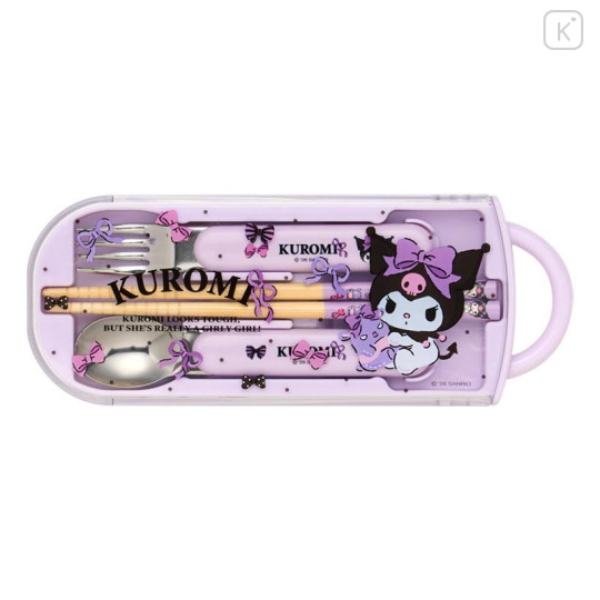 Japan Sanrio Original Bento Lunch Cutlery Set Spoon Fork Chopstick - Kuromi : Baku Ribbon Purple - 1