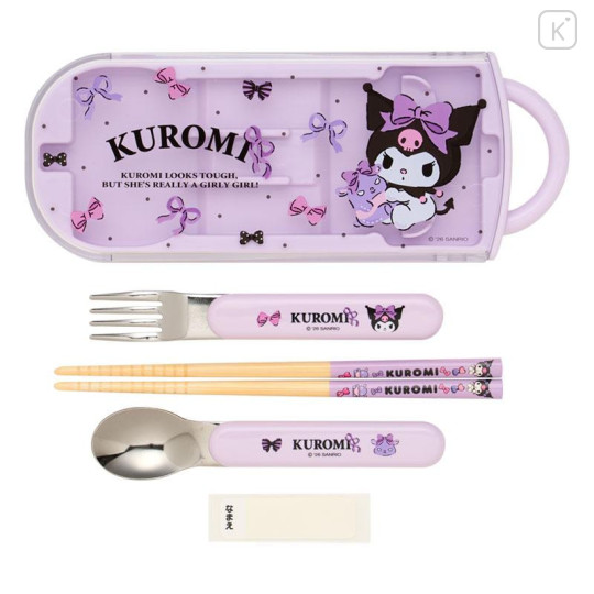 Japan Sanrio Original Bento Lunch Cutlery Set Spoon Fork Chopstick - Kuromi : Baku Ribbon Purple - 2