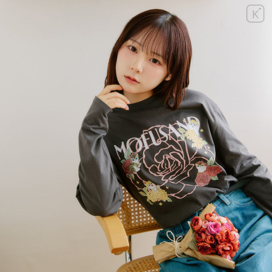 Japan Mofusand Hibiya Kadan Long Sleeve T-Shirt (L) - Rose Charcoal Black - 3