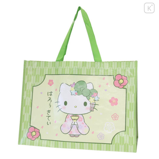 Japan Sanrio Souvenir Laminated Woven PP Eco Shopping Bag - Hello Kitty : Matcha Green - 1
