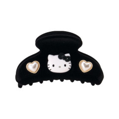 Japan Sanrio Flocky Hair Claw Clip - Hello Kitty : 3D Face Pearl Heart Black