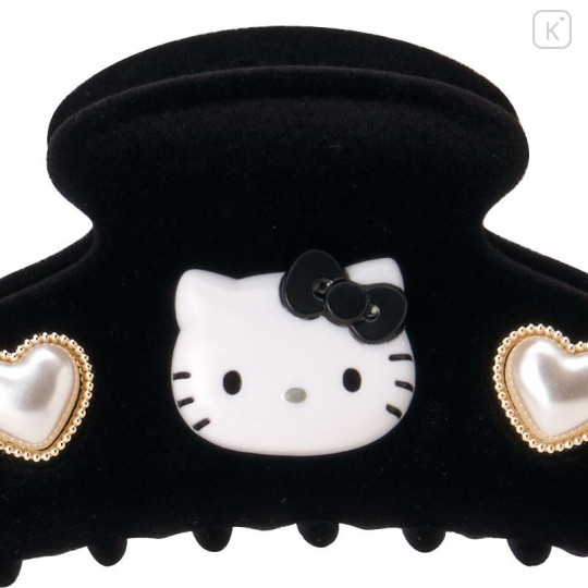 Japan Sanrio Flocky Hair Claw Clip - Hello Kitty : 3D Face Pearl Heart Black - 4