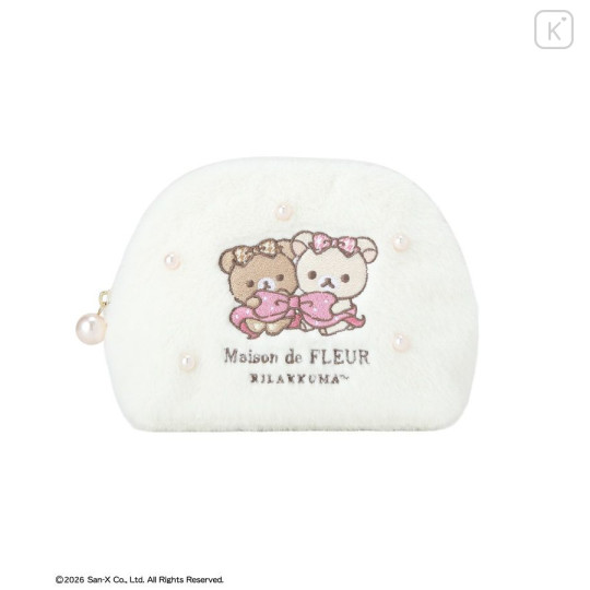 Japan San-X Maison de FLEUR Faux Fur Round Pouch - Chairoikoguma & Korilakkuma : 7th Collaboration Ivory - 1