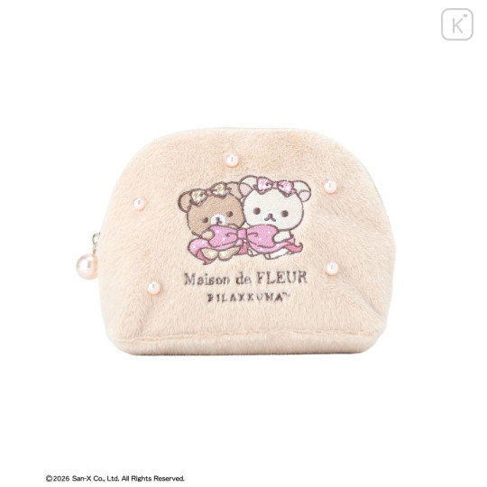 Japan San-X Maison de FLEUR Faux Fur Round Pouch - Chairoikoguma & Korilakkuma : 7th Collaboration Beige - 1