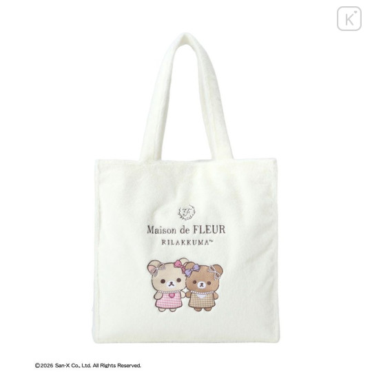 Japan San-X Maison de FLEUR Faux Fur Square Tote Bag - Chairoikoguma & Korilakkuma : 7th Collaboration Ivory - 1
