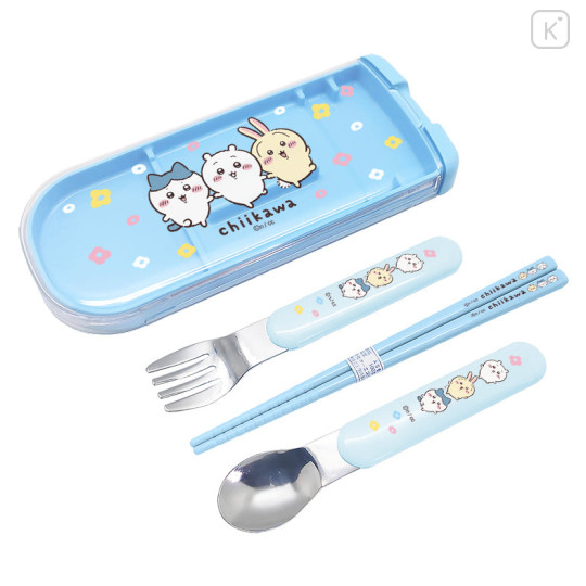 Japan Chiikawa Bento Lunch Cutlery Set Spoon Fork Chopstick - Chiikawa & Hachiware & Usagi : Flower Blue - 1