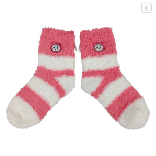 Japan Chiikawa Fluffy Low Crew Socks - Chiikawa : Striped Heart Cherry Pink - 1