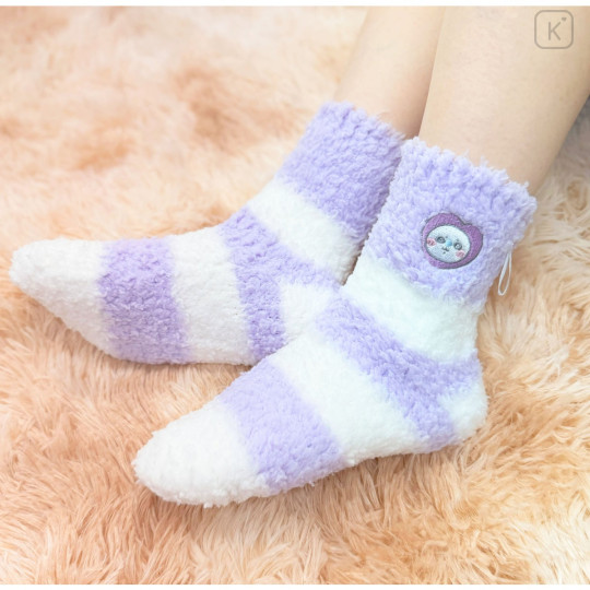 Japan Chiikawa Fluffy Low Crew Socks - Momonga : Striped Heart Light Purple - 3