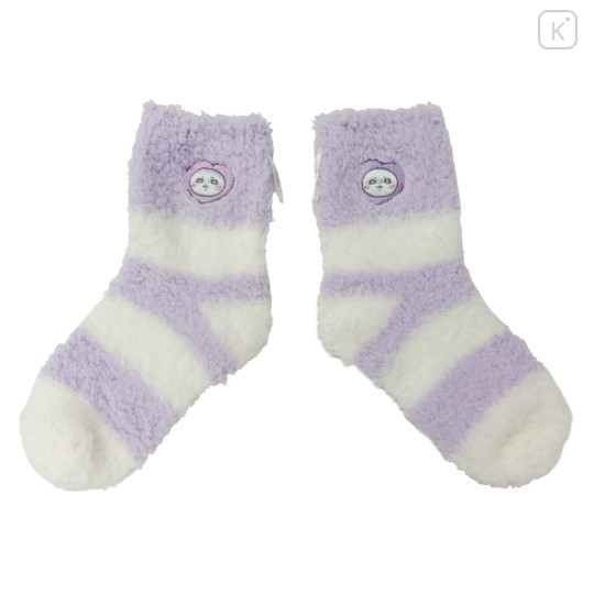 Japan Chiikawa Fluffy Low Crew Socks - Momonga : Striped Heart Light Purple - 4