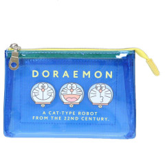 Japan Doraemon 3-Pocket Mini Clear Flat Pouch - Doraemon : Funny Face Blue