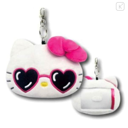 Japan Sanrio Plush Pass Case with Reel - Hello Kitty : Heart Sunglasses Y2K Athleisure Pink - 1