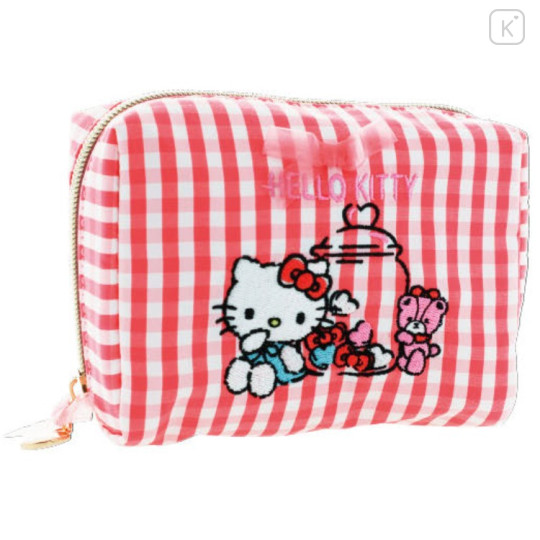 Japan Sanrio Cosmetic Pouch - Hello Kitty & Tiny Chum : Gingham Red - 1