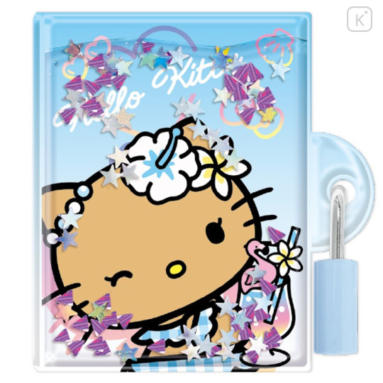 Japan Sanrio Lockable Diary Mochimochi Memo Pad - Hello Kitty : Floating Sequins Tan Sunburned Sparkling Tropical Blue - 1