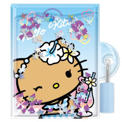 Japan Sanrio Lockable Diary Mochimochi Memo Pad - Hello Kitty : Floating Sequins Tan Sunburned Sparkling Tropical Blue