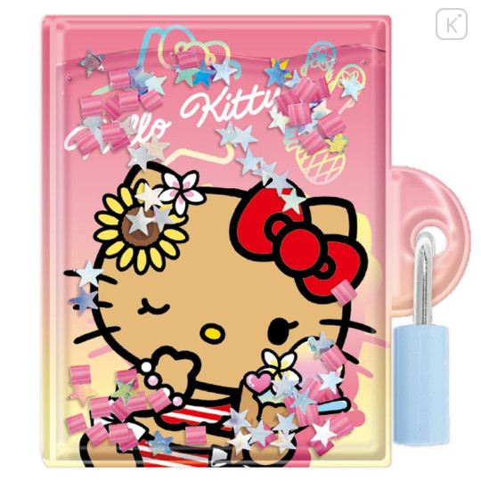 Japan Sanrio Lockable Diary Mochimochi Memo Pad - Hello Kitty : Floating Sequins Tan Sunburned Sparkling Tropical - 1