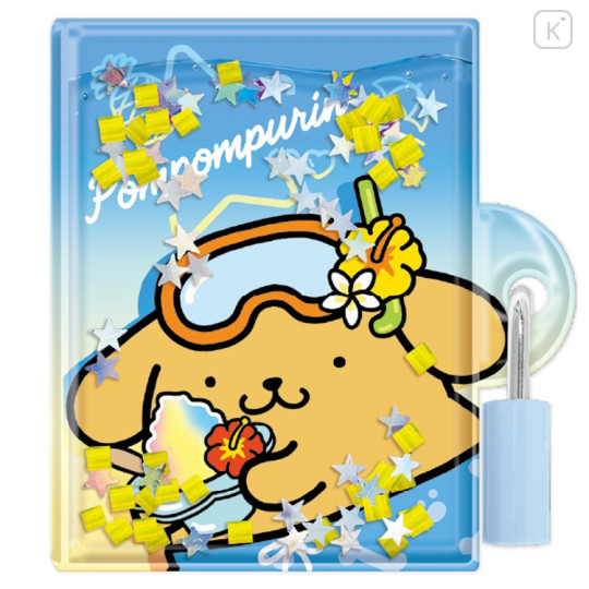 Japan Sanrio Lockable Diary Mochimochi Memo Pad - Pompompurin : Floating Sequins Tan Sunburned Sparkling Tropical - 1