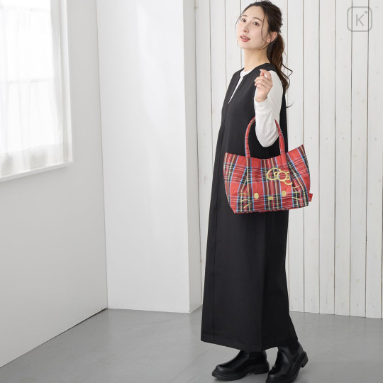 Japan Sanrio Rootote Deli Tartan Plaid Tote Bag - Hello Kitty : Red - 3