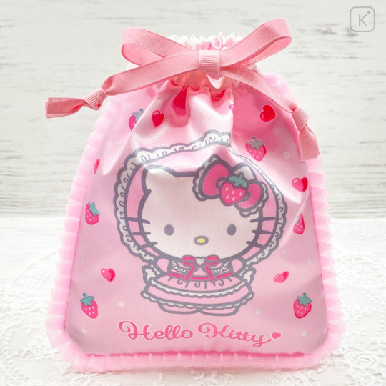 Japan Sanrio Frill Drawstring Bag - Hello Kitty : Lolita Pink - 1