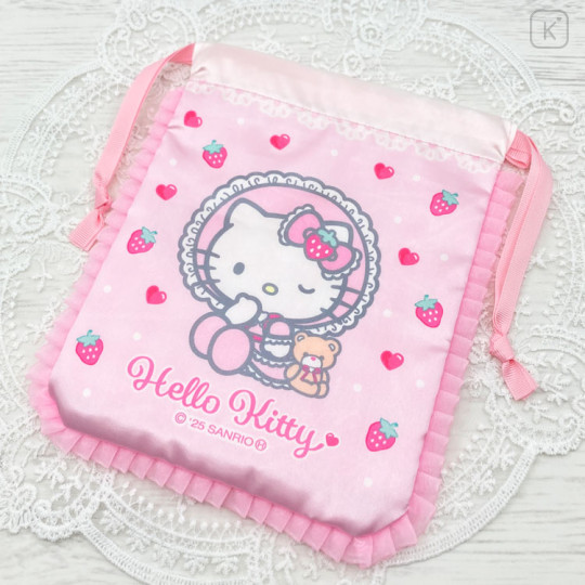 Japan Sanrio Frill Drawstring Bag - Hello Kitty : Lolita Pink - 3