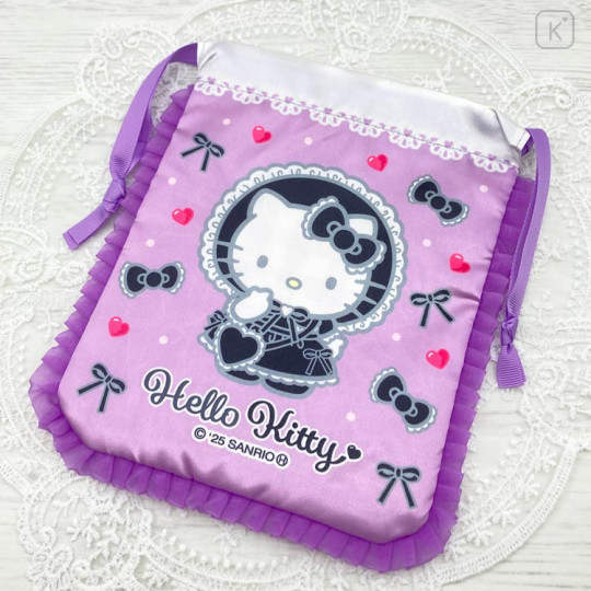 Japan Sanrio Frill Drawstring Bag - Hello Kitty : Lolita Black - 3
