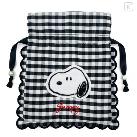 Japan Peanuts Drawstring Bag - Snoopy : Gingham Check Black - 2