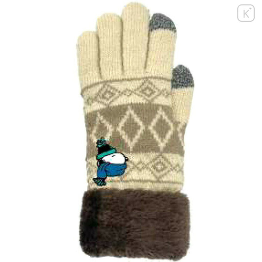 Japan Peanuts Embroidery Smartphone Compatible Gloves - Snoopy : Winter Light Yellow Grey - 1