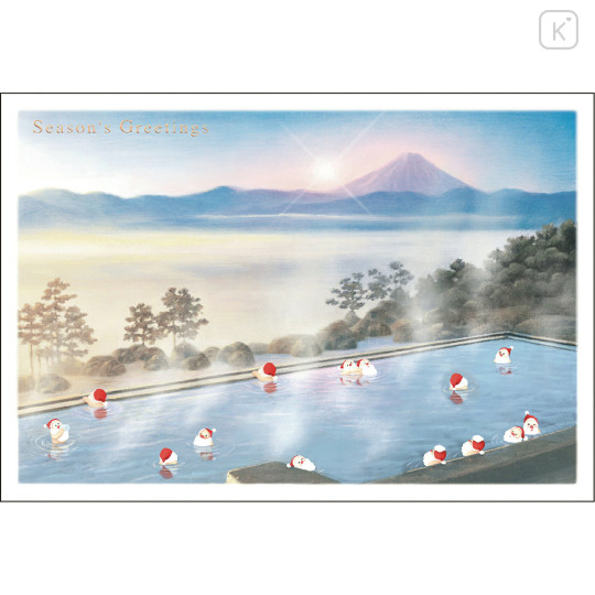 Japan Mini Santa Christmas Card - Sunrise at Onsen - 1