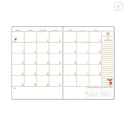 Japan Disney B6 Planner Weekly Schedule Book - Pooh : Brown 2027 - 2