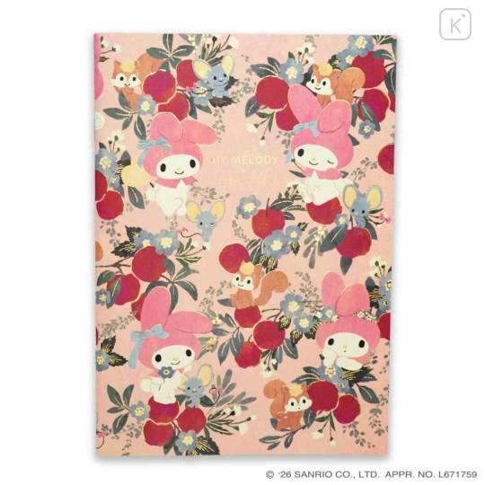 Japan Sanrio × Tomoko Hayashi A5 Notebook - My Melody : Botanical Floral Gold Foil Stamping - 1