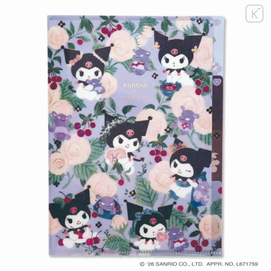 Japan Sanrio 3 Pockets A5 Clear File - Kuromi : Botanical Floral - 1