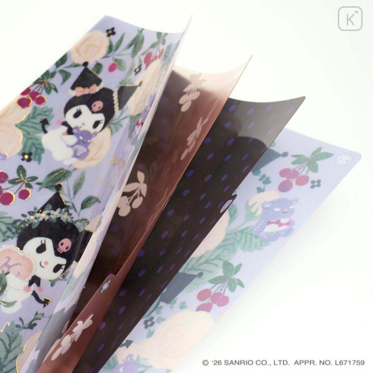 Japan Sanrio 3 Pockets A5 Clear File - Kuromi : Botanical Floral - 2