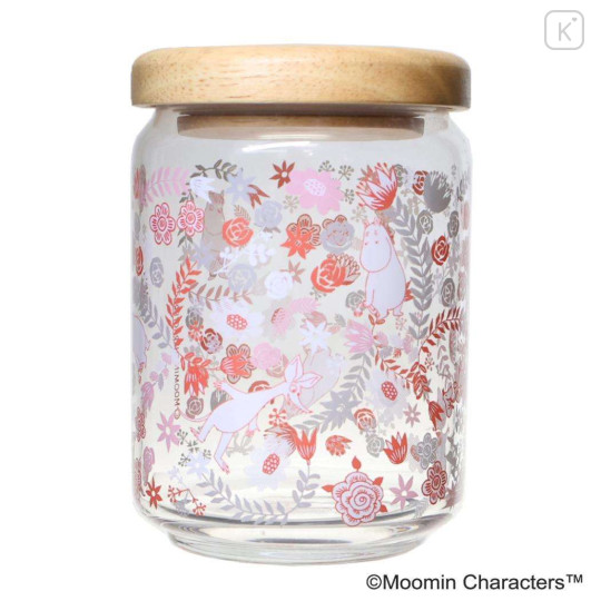 Japan Moomin Wooden Lid Glass Canister - Moomintroll : Flower Trail Pink - 1